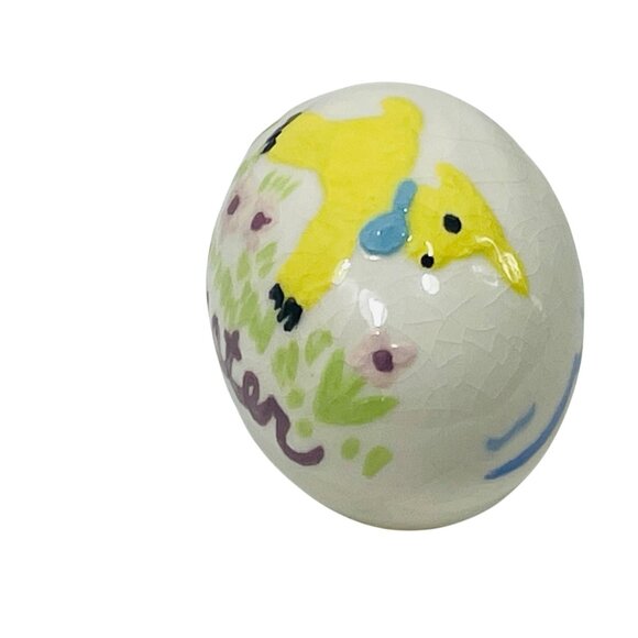 Easter Egg With Yellow Lamb & Pastel Floral Design Hand-Painted Vintage Ceramic - Picture 3 of 8